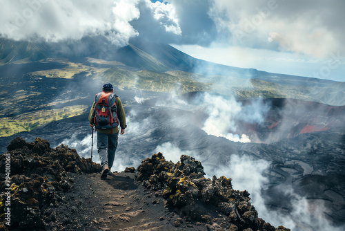 Travel adventer concept. A lone hiker with a backpack gazes at an expansive volcanic landscape with smoke billowing from an active eruption.