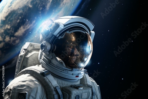 b'An astronaut in a spacesuit with the Earth in the background'