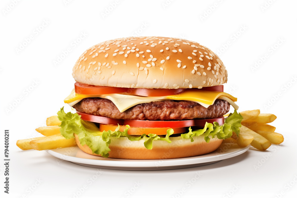 Hamburger with fries on white background. Fast food related topics. Topics related to malnutrition. Job offer. Image for graphic designer. Image for flyers.
