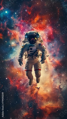 b'Astronaut in spacesuit floating in the vastness of space'