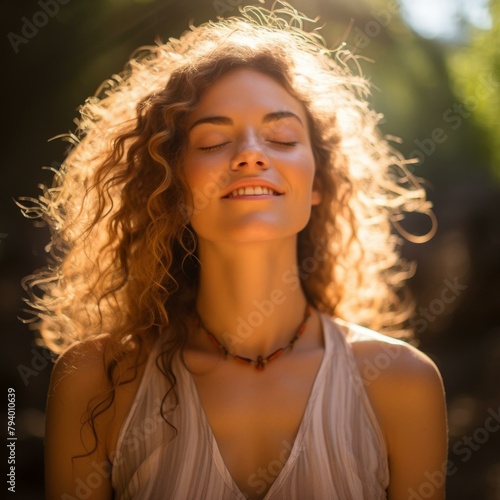 b'Close-up portrait of a beautiful young woman with curly hair and her eyes closed, smiling in the sunlight'