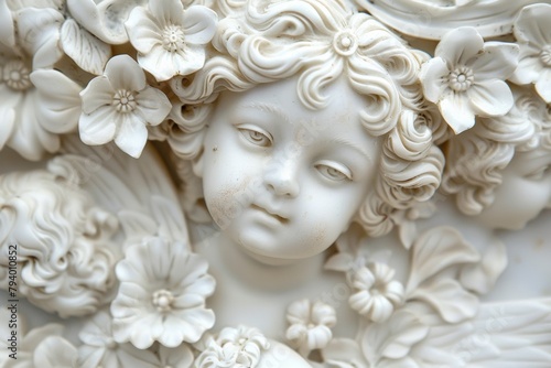 A detailed porcelain sculpture of a cherub among flowers, capturing serene beauty ideal for art and religious themes.