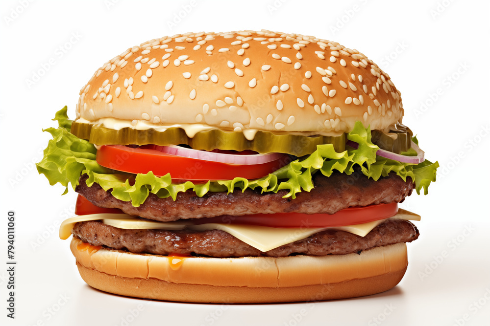 Hamburger on white background. Fast food related topics. Topics related to malnutrition. Job offer. Image for graphic designer. Image for flyers. Hamburger on white background. Fast food related topics. Topics related to malnutrition. Job offer. Image for graphic designer. Image for flyers.