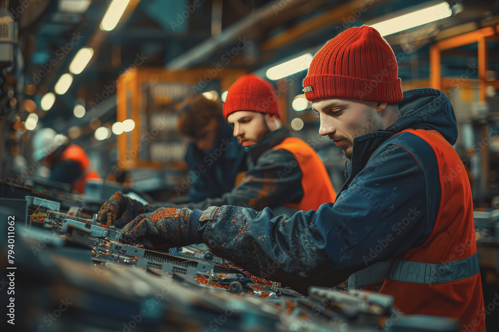 Workers at an ewaste recycling plant sorting and dismantling used electronics. Concept Recycling. Workers at an ewaste recycling plant sorting and dismantling used electronics. Concept Recycling.