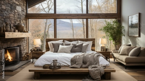 b'Modern bedroom interior design with fireplace and large windows' © Adobe Contributor