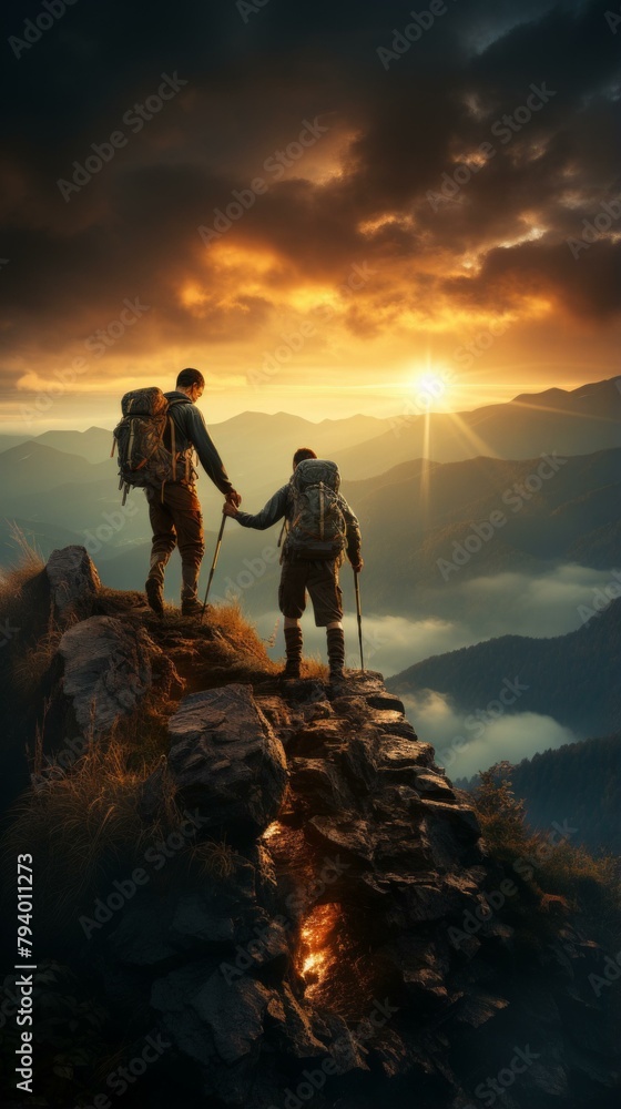 b'Two hikers holding hands and standing on a mountain peak enjoying the sunset'