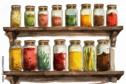 Fototapeta Naklejka Na Ścianę i Meble -  Colorful spice jars displayed on a wooden shelf, adding a pop of color to the kitchen decor