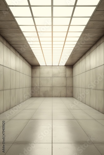 Futuristic empty room with tiled walls and ceiling lights