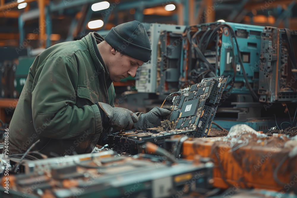 Workers at an ewaste recycling plant sorting and dismantling used electronics. Concept Recycling. Workers at an ewaste recycling plant sorting and dismantling used electronics. Concept Recycling.