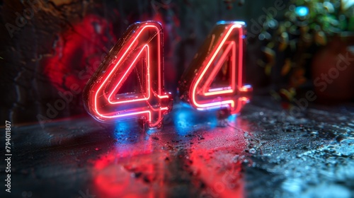 3D rendering of the number 44 consisting of glowing neon lights on a smooth black background photo