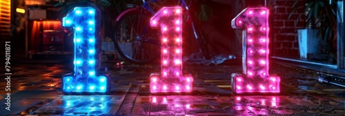 3D rendering of the number 1 consisting of glowing neon lights on a smooth black background
