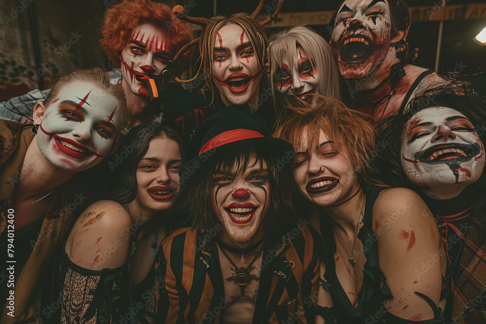 Obraz premium Cheerful young people dressed up as crazy witches, demons, vampires, having fun at a Halloween party.