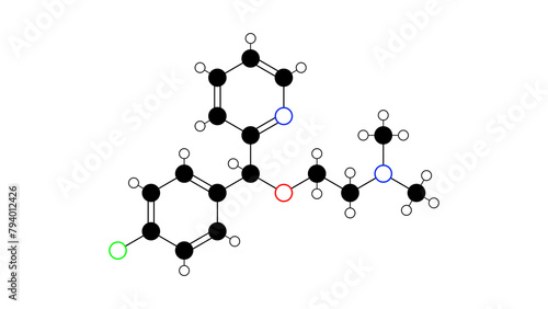 carbinoxamine molecule, structural chemical formula, ball-and-stick model, isolated image antihistamine photo