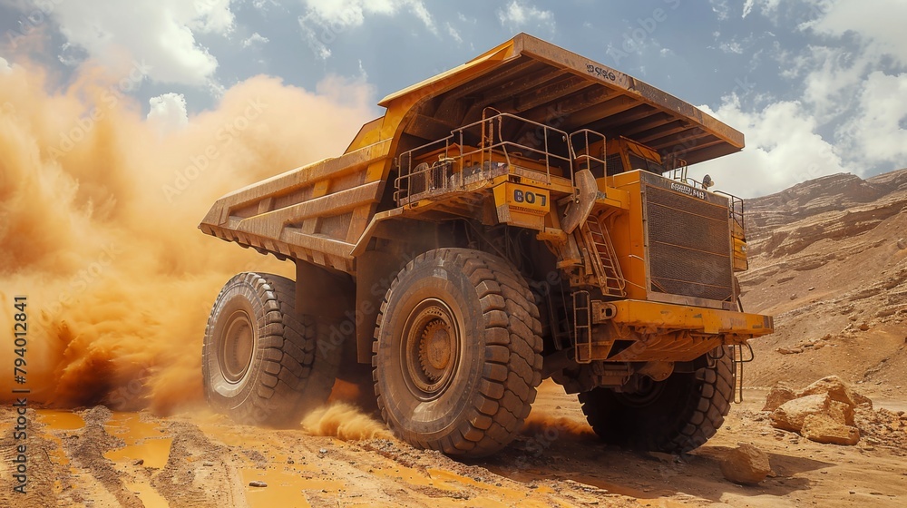 Dump truck that moves over rocky terrain Dump truck that moves over rocky terrain