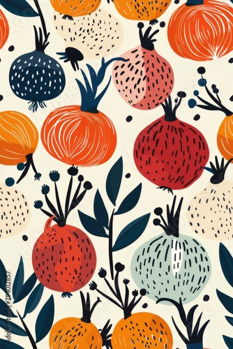 b'Colorful abstract fruits and leaves seamless pattern'