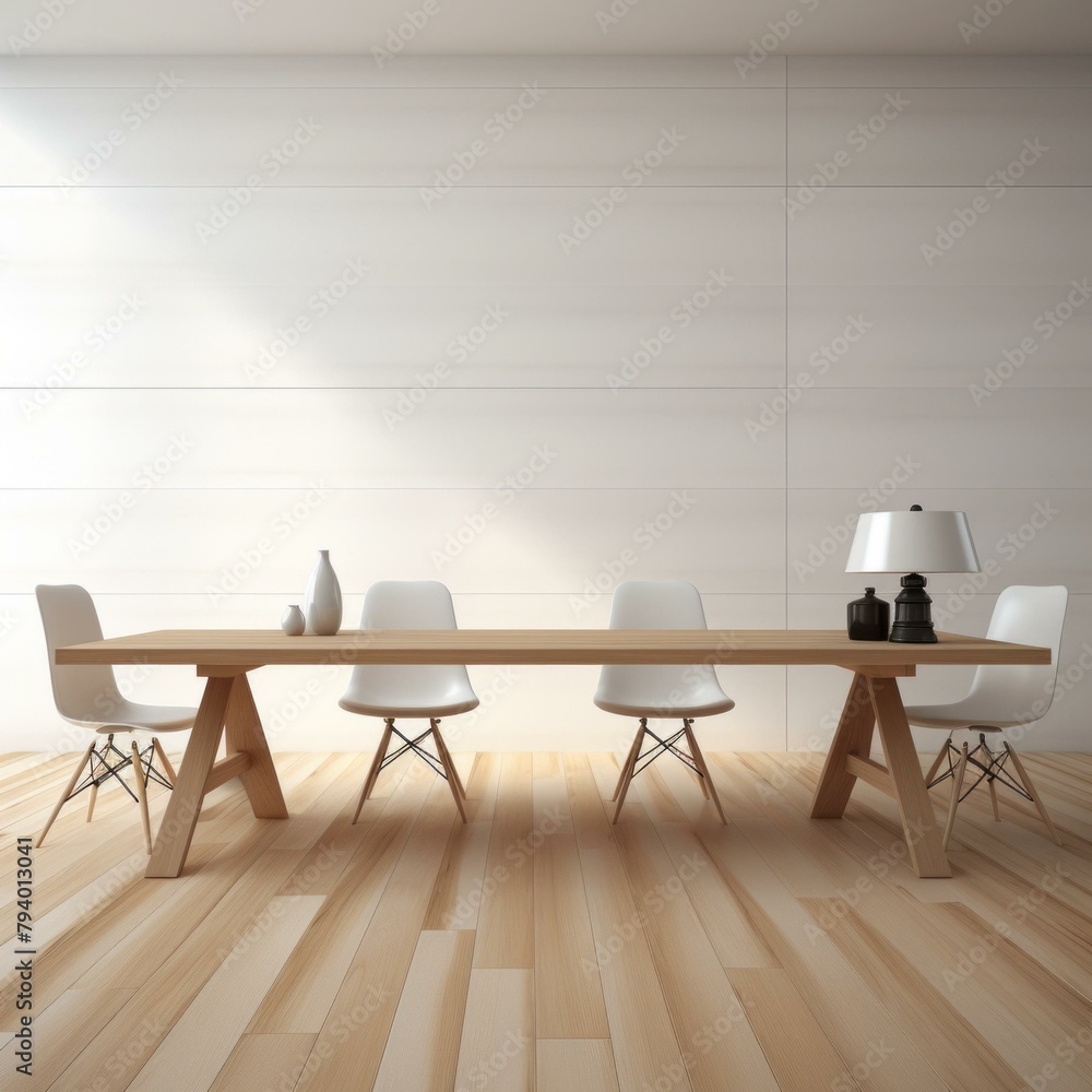b'An illustration of a modern dining room with a long wooden table and four chairs' b'An illustration of a modern dining room with a long wooden table and four chairs'