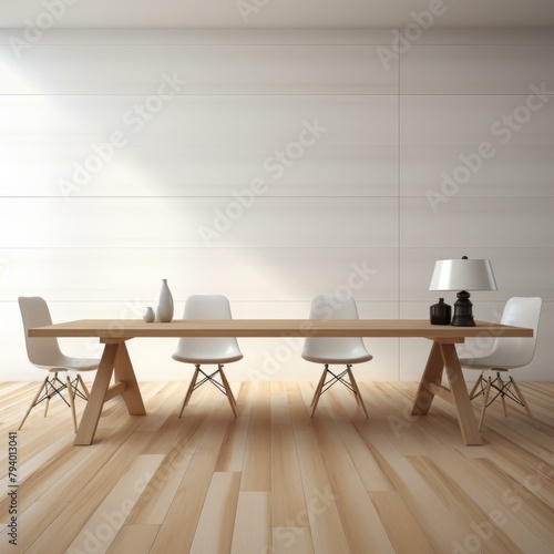 b'An illustration of a modern dining room with a long wooden table and four chairs'