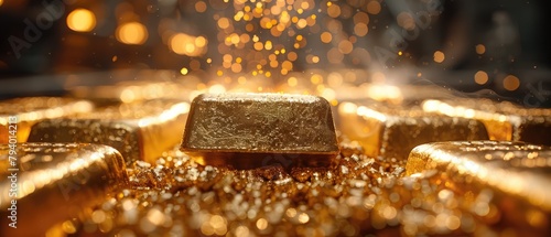 Dynamic scene of gold bars being poured into a secure vault, capturing the motion and glow of gold under spotlights photo
