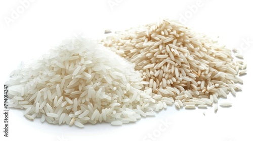 White rice (Thai jasmine rice) and unground rice isolated on white background photo