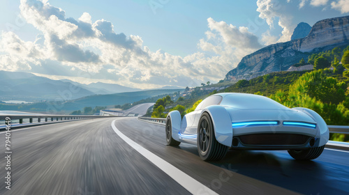 Futuristic hydrogen fuel cell vehicle on a scenic road, green transportation, carbon-neutral mobility © DELstudio
