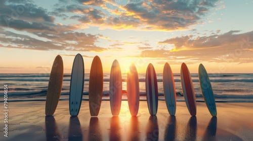 Many surfboards aligned on the beach with beautiful sunset in background. #794014654