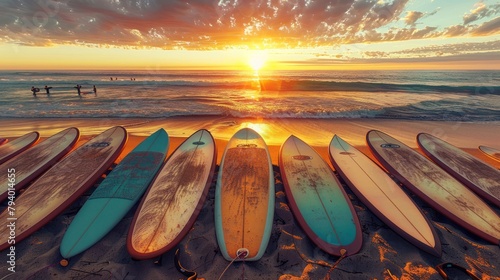 Many surfboards aligned on the beach with beautiful sunset in background. photo