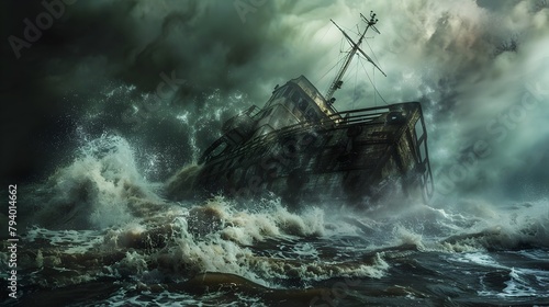 Powerful Storm Battering a Shipwrecked Vessel in the Tumultuous Seas