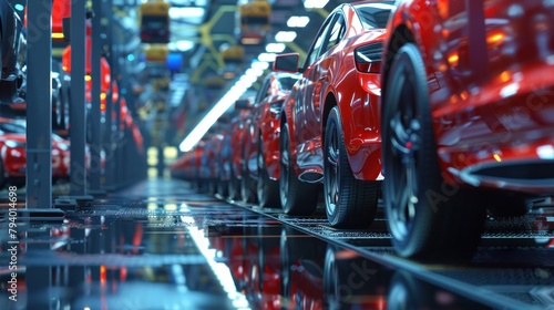 Mass production assembly line of modern cars in factory. Car industry concept.