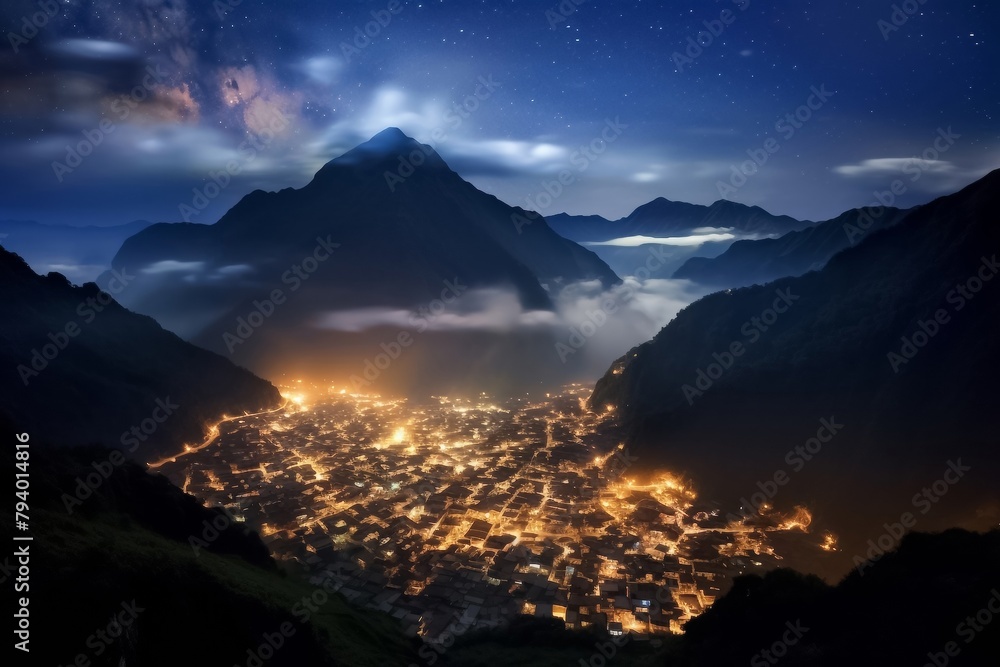 a serene midnight landscape where mist blankets the steep mountains and rivers twist and turn, creating an atmosphere of calm and introspection.