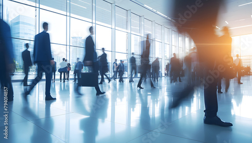 Crowd of blurred busy airport business office workers employment city people market walking modern building rushing bustle culture work banking economic bank urban photo