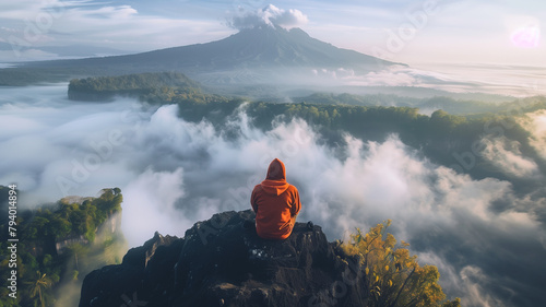 An individual in a red hoodie sits atop a rocky peak, overlooking a sea of clouds with a majestic mountain in the distance, evoking a sense of peaceful solitude