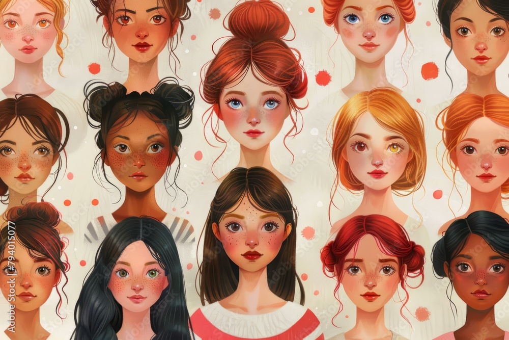 b'A diverse group of women with different skin tones, hair colors, and eye colors.' b'A diverse group of women with different skin tones, hair colors, and eye colors.'