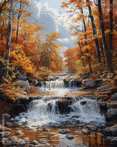 b Waterfall in Autumn Forest 