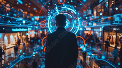 A man stands in front of a crowd of people in a futuristic setting. The image is a representation of a virtual reality experience, with the man being the main focus