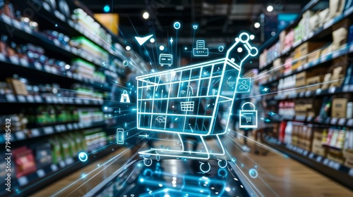 A shopping cart with a blue cart on a screen. The cart is full of items and has a lock on it