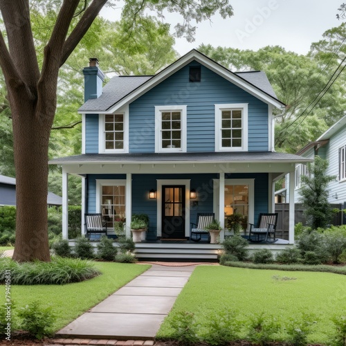 b Small blue house with white porch and black door 