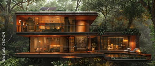 Eco-friendly treehouse residence nestled in a lush forest, with solar panels and a rainwater collection system, connected by suspension bridges photo