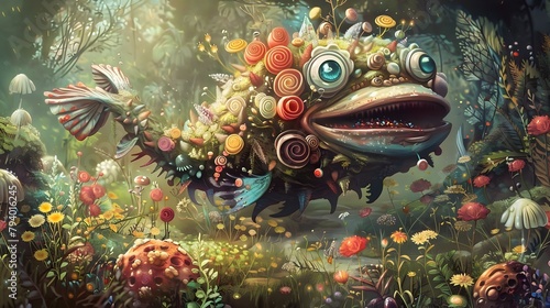 Whimsical Underwater Fantastical Creature in Magical Mushroom Forest Ecosystem © pisan thailand
