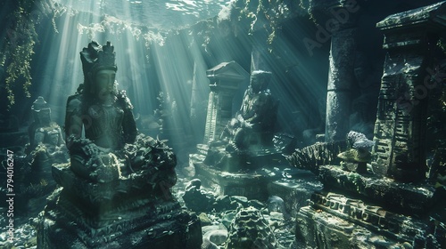 Sunlit Underwater Ruins of an Ancient Mystical Temple in a Serene Aquatic Landscape © pisan thailand