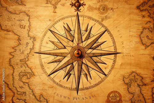 b'A detailed illustration of a vintage compass on a world map.'