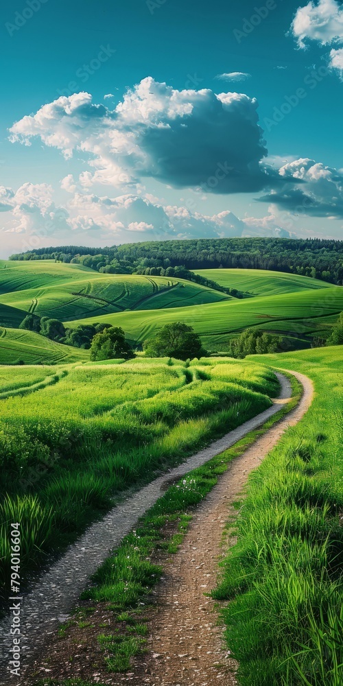 b'Countryside dirt road through rolling green hills'