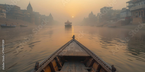Serene Sunrise over the Ganges River in Varanasi, Uttarakhand, India A picturesque view of dawn breaking on the holy river photo