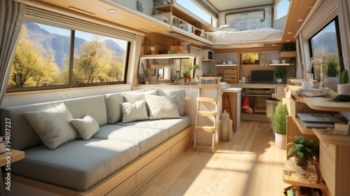 b'Modern interior of a camper van with large windows and a comfortable sofa' photo