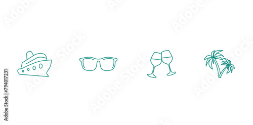 Seaside Soiree: Cruise Ship, Wine Glasses, Beach Vector Icons