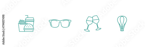 Traveler's Delight: Food Sunglasses, Wine Glasses, and Air Balloon Vector Icons