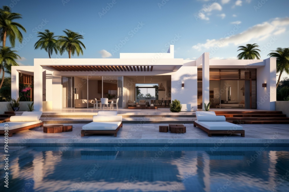 Fototapeta premium b'A stunning modern villa with a pool and a beautiful view'