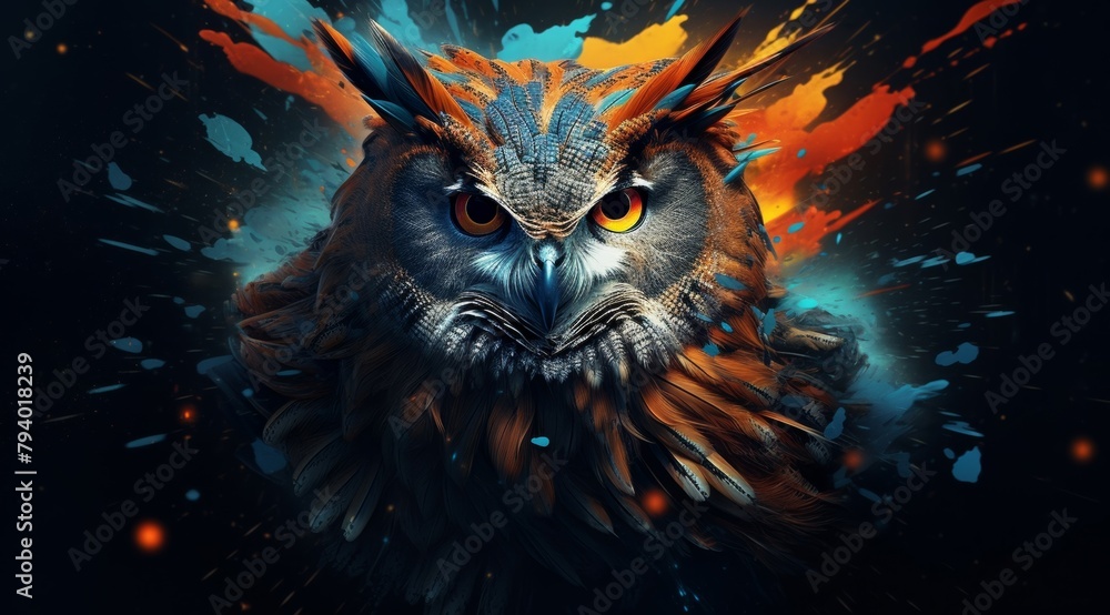 artistry and nature in a painted owl masterpiece, where vibrant splashes of paint converge to form a captivating portrayal of this nocturnal creature amidst a colorful realm. artistry and nature in a painted owl masterpiece, where vibrant splashes of paint converge to form a captivating portrayal of this nocturnal creature amidst a colorful realm.