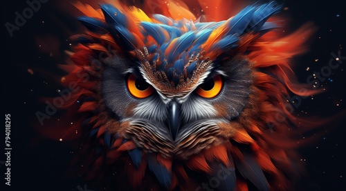 artistry and nature in a painted owl masterpiece, where vibrant splashes of paint converge to form a captivating portrayal of this nocturnal creature amidst a colorful realm. © Surachetsh