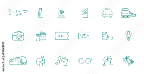World Explorer's Toolkit: Airplane, Suitcase, Passport, Hotel, Taxi, Train, Camera, Food, Ticket, Visa, Boot, Balloon, Bus, Hiker, Cruise Ship, Sunglasses Icons