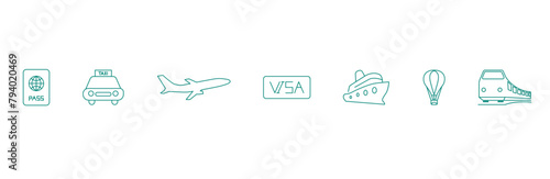 Passport to Adventure: Passport, Taxi, Airplane, Visa, Cruise Ship, Air Balloon, Train Vector Icons